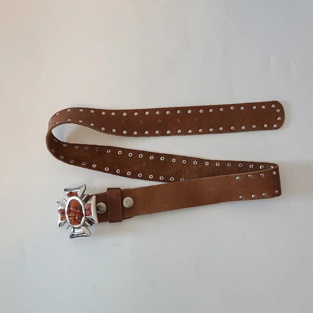 LEATHER BELT Brown, Studded & Carnelian Like Maltese Cross Buckle Fits 30